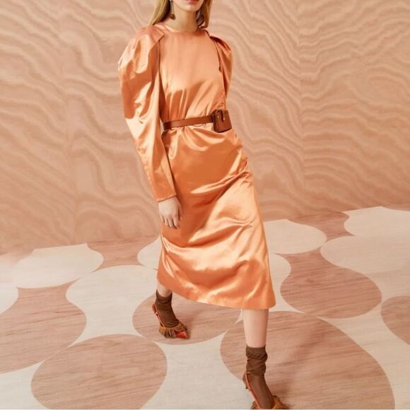 Ulla Johnson Silvana Midi Dress Size 4 Copper Long Puff Sleeve Italian Cotton‎